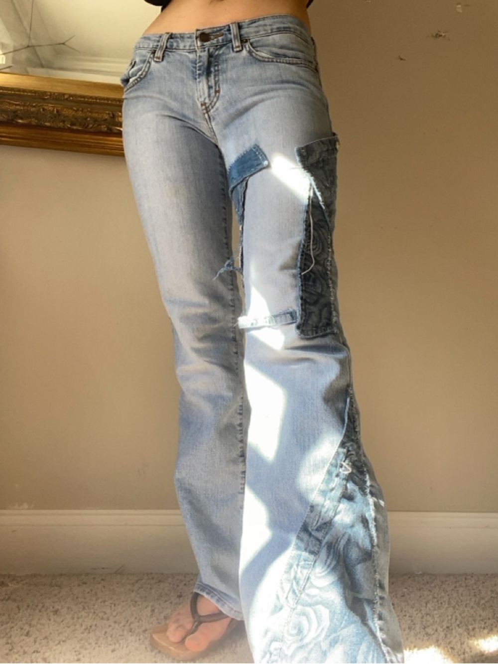 1-of-1 Reworked Patchwork Sashiko Flare Jeans - Handmade Embroidery - Size 2